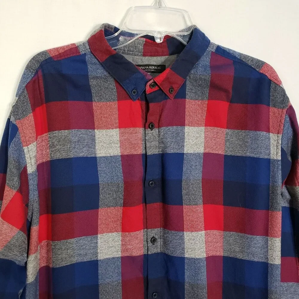 Banana Republic Mens Shirt Size XXL Red Blue Luxe Flannel Grant Fit Long Sleeve